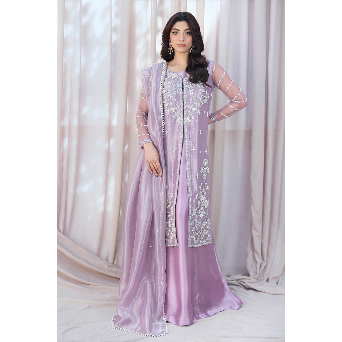 Pakistani Lilac Hand-Embellished Pure Tissue Gown (3-Piece) - Image 7