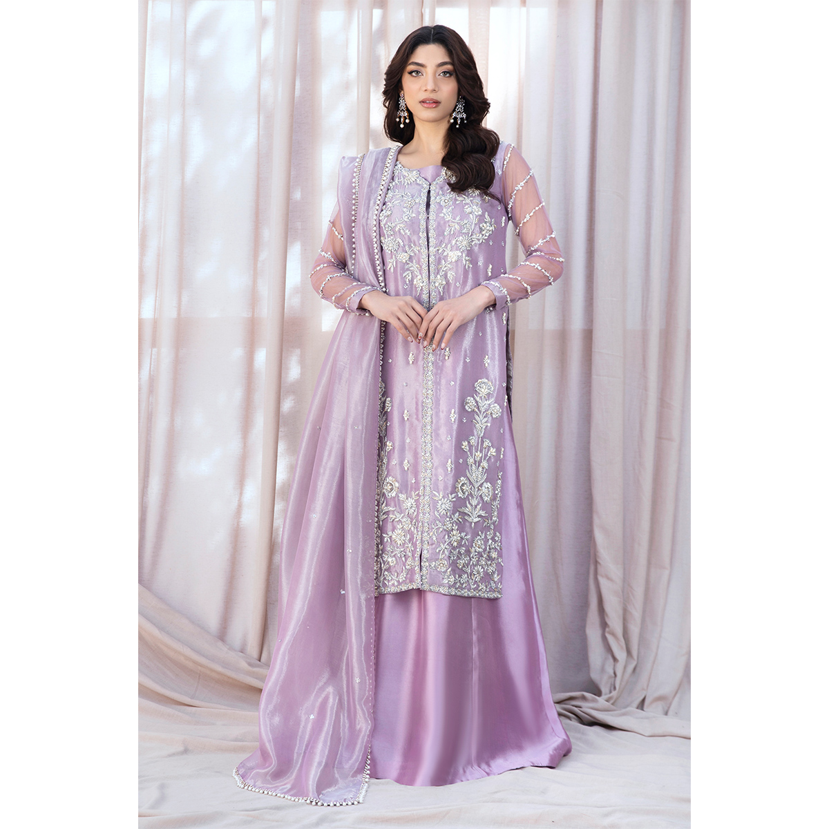 Pakistani Lilac Hand-Embellished Pure Tissue Gown (3-Piece) - Image 8