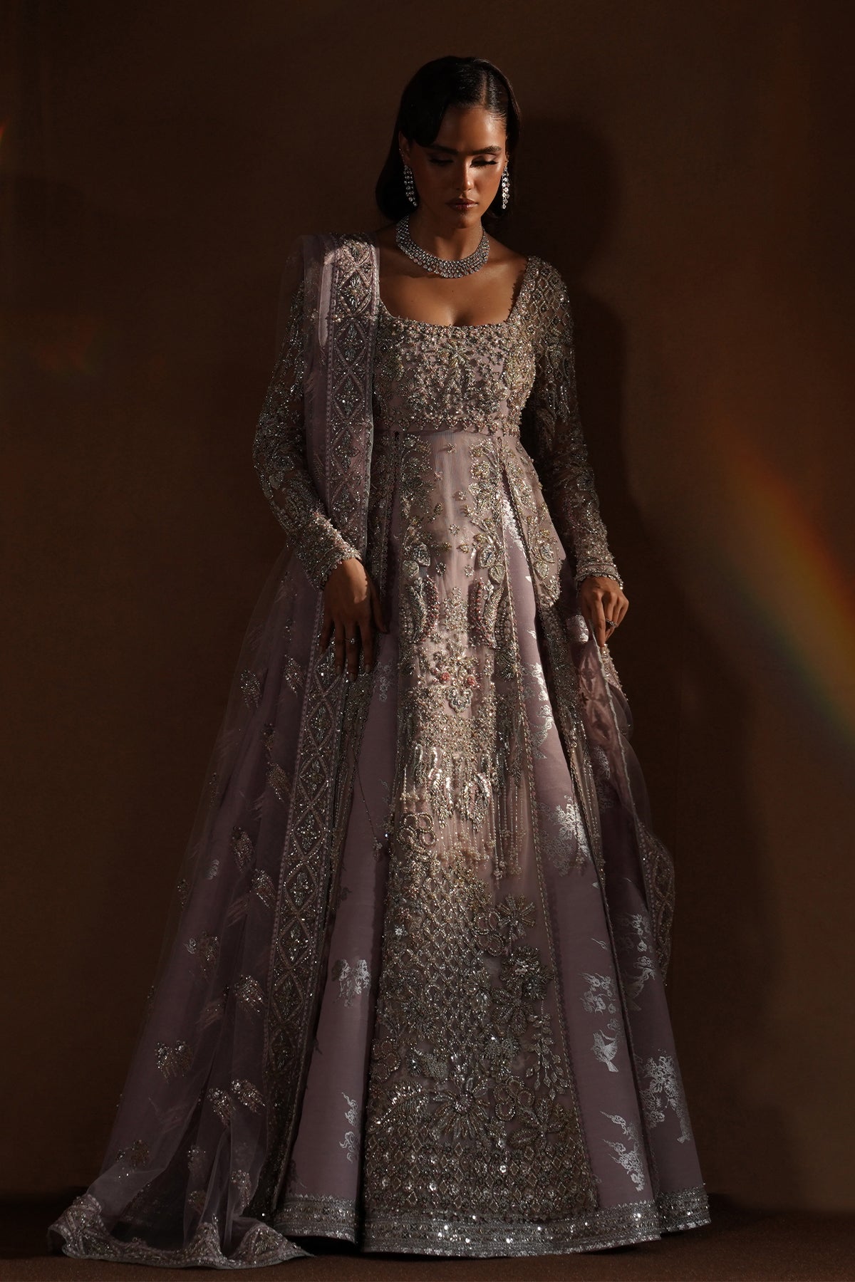 Pakistani Lavender Embroidered Raw Silk Bridal Gown (2-Piece) - Image 1