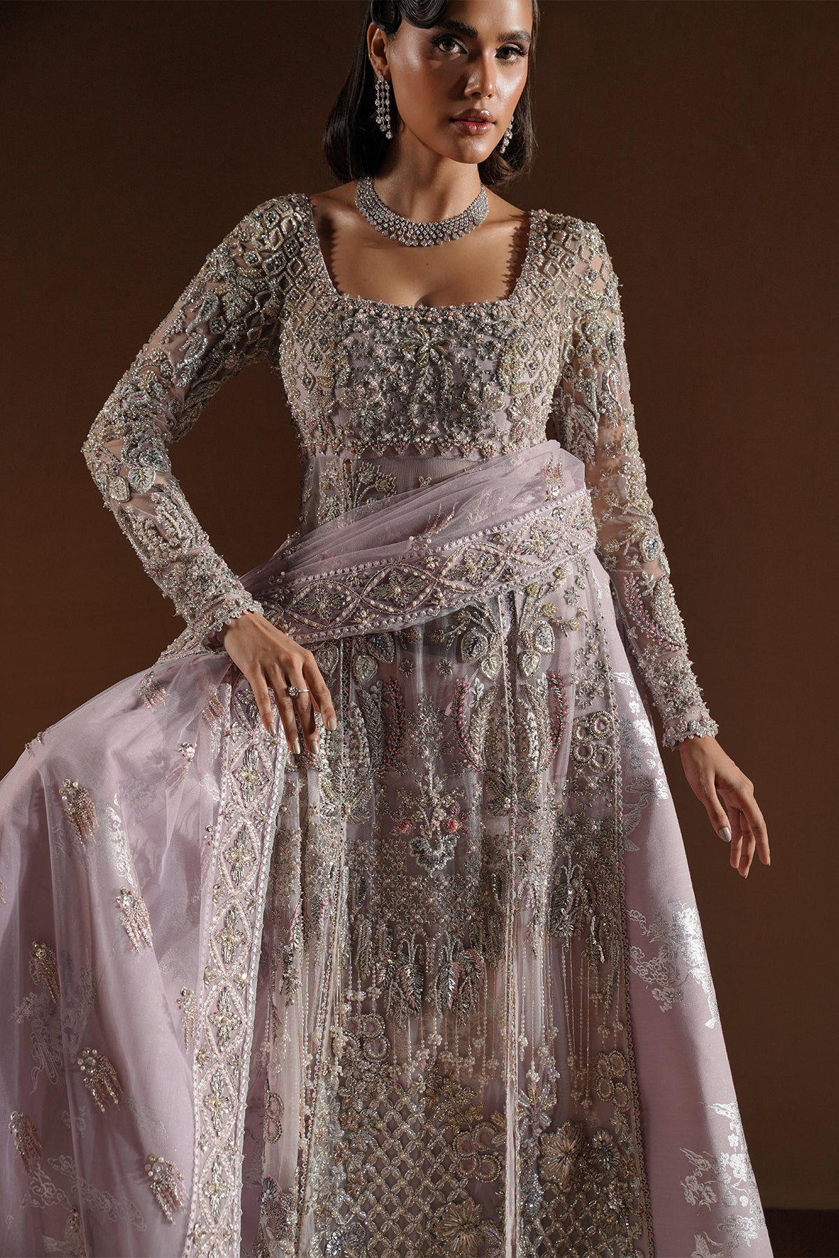 Pakistani Lavender Embroidered Raw Silk Bridal Gown (2-Piece) - Image 4