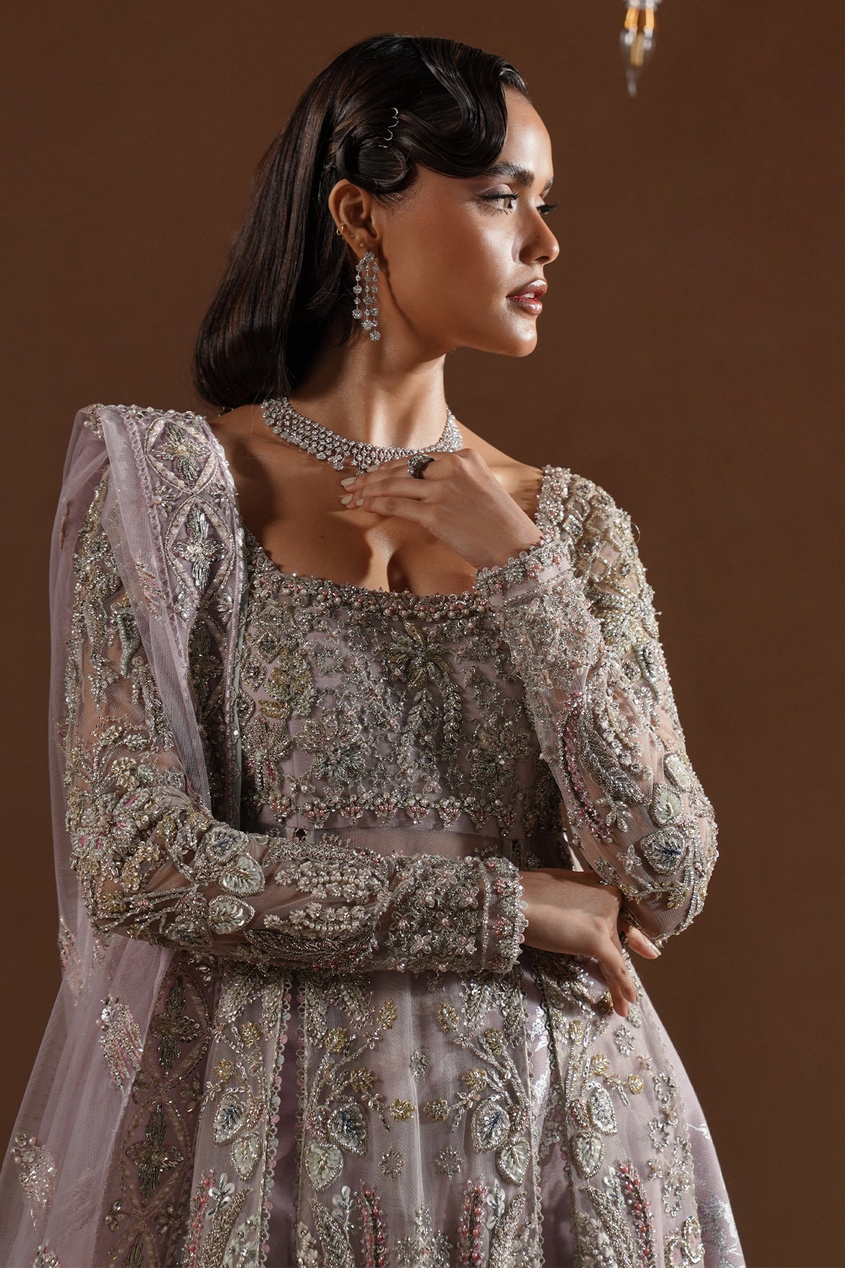 Pakistani Lavender Embroidered Raw Silk Bridal Gown (2-Piece) - Image 5