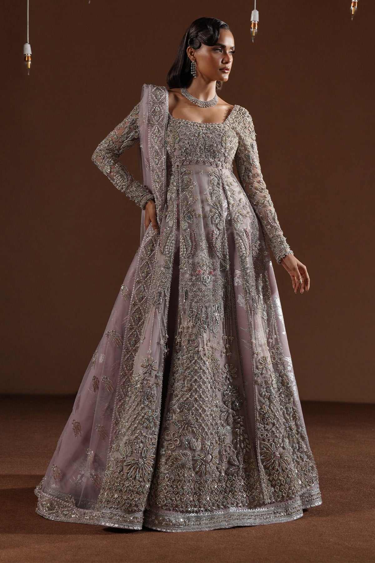 Pakistani Lavender Embroidered Raw Silk Bridal Gown (2-Piece) - Image 6