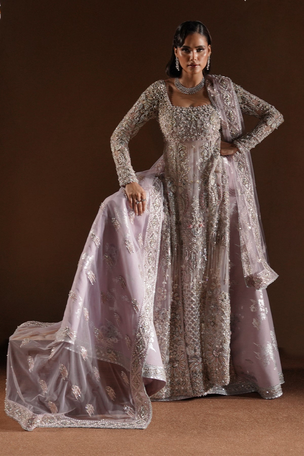 Pakistani Lavender Embroidered Raw Silk Bridal Gown (2-Piece) - Image 8