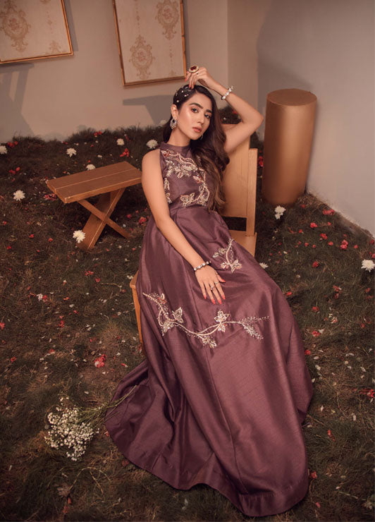 Pakistani Regal Purple Embroidered Raw Silk Gown (1-Pc) - Image 1