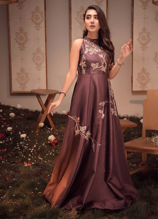 Pakistani Regal Purple Embroidered Raw Silk Gown (1-Pc) - Image 2