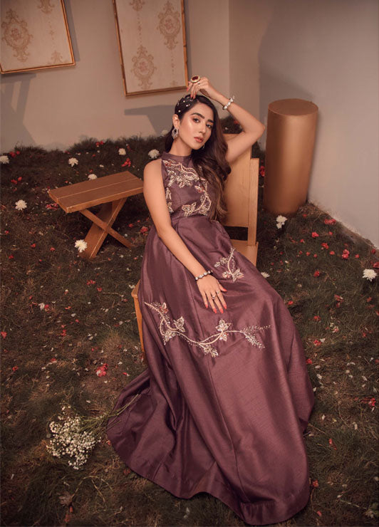 Pakistani Regal Purple Embroidered Raw Silk Gown (1-Pc) - Image 3