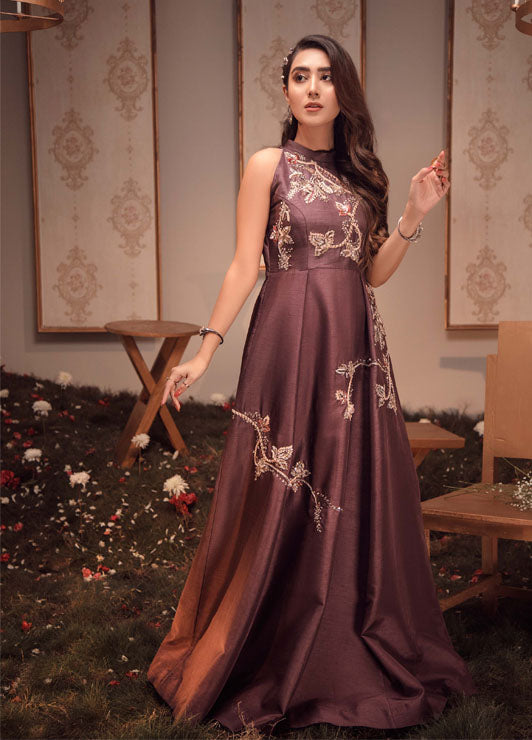 Pakistani Regal Purple Embroidered Raw Silk Gown (1-Pc) - Image 4