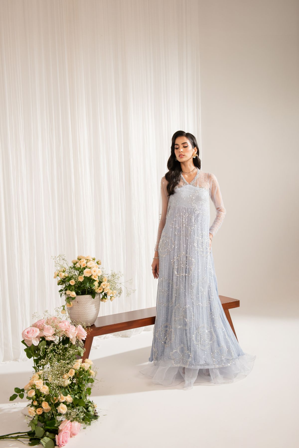 Pakistani Veri Peri Embroidered Net Silk Organza Gown (1-Pc) - Image 1