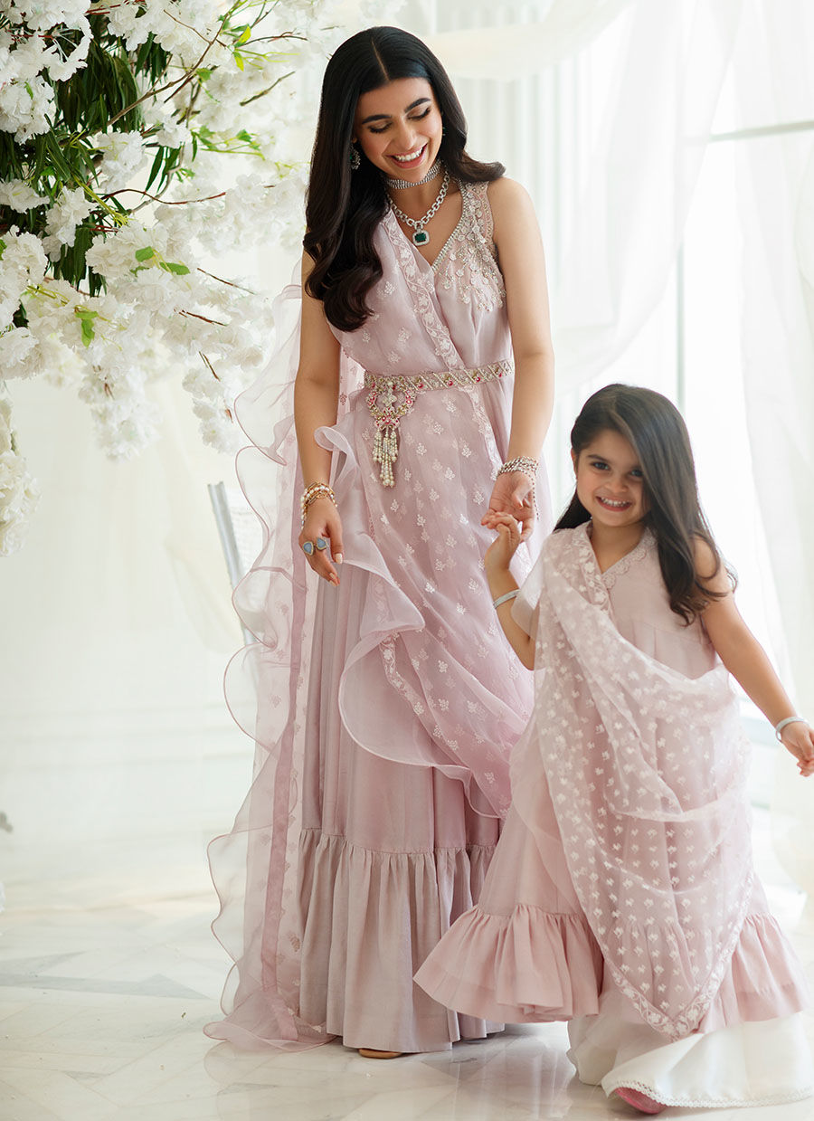 Lilac Embroidered Raw Silk Pre-Draped Saree Dress (1-Pc) - Image 5