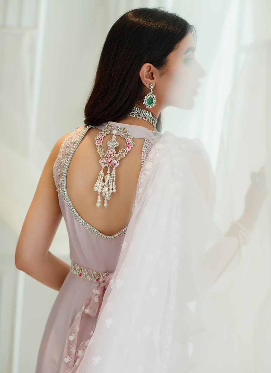 Lilac Embroidered Raw Silk Pre-Draped Saree Dress (1-Pc) - Image 6