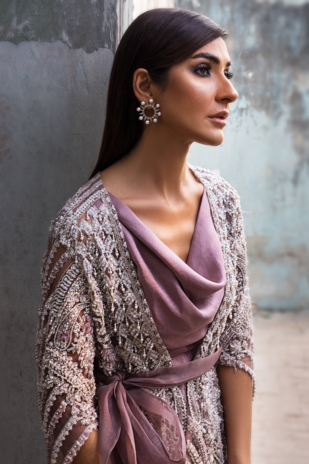 Lilac Embellished Satin-Silk Jacket Gown (1-Pc) - Image 3