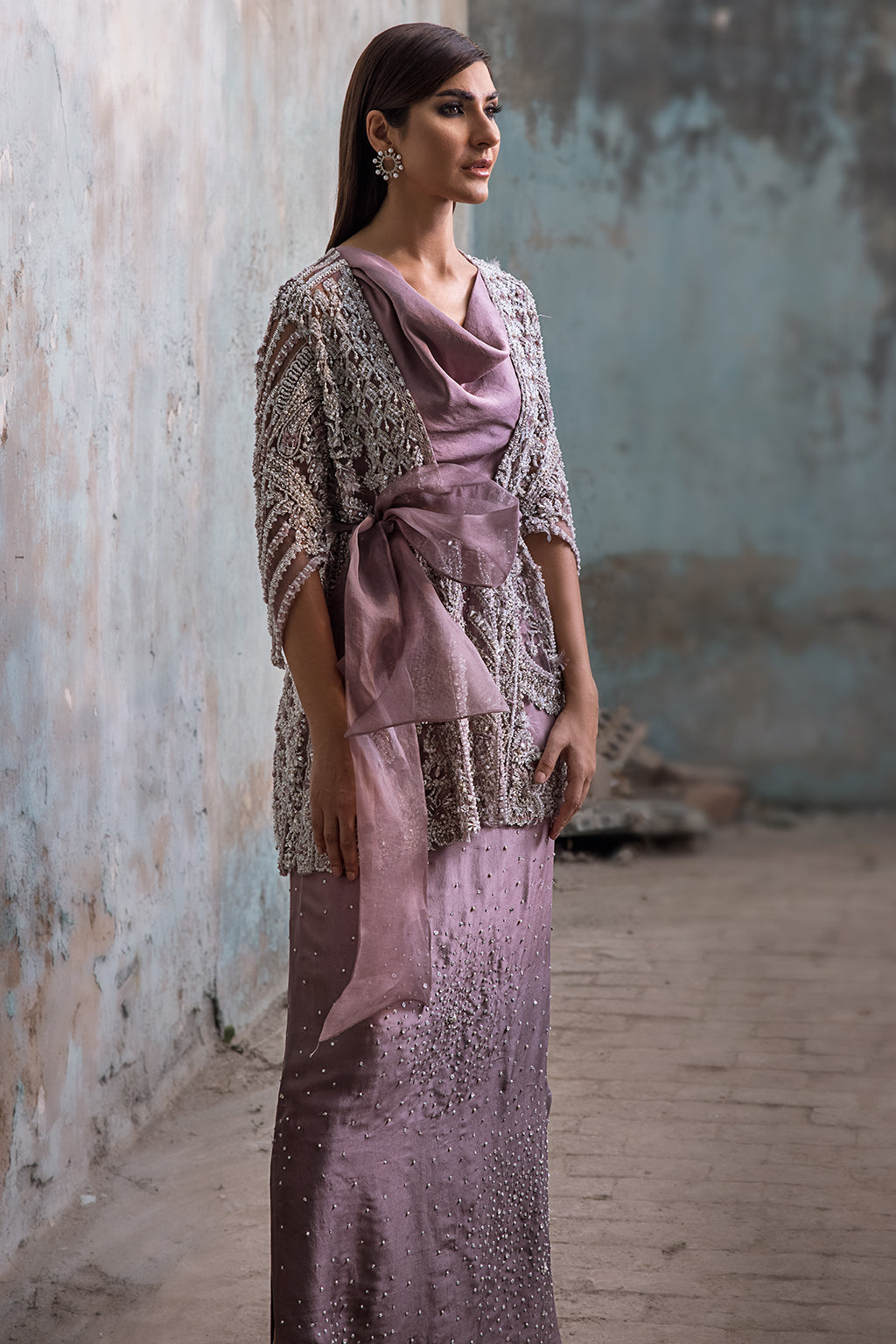 Lilac Embellished Satin-Silk Jacket Gown (1-Pc) - Image 4