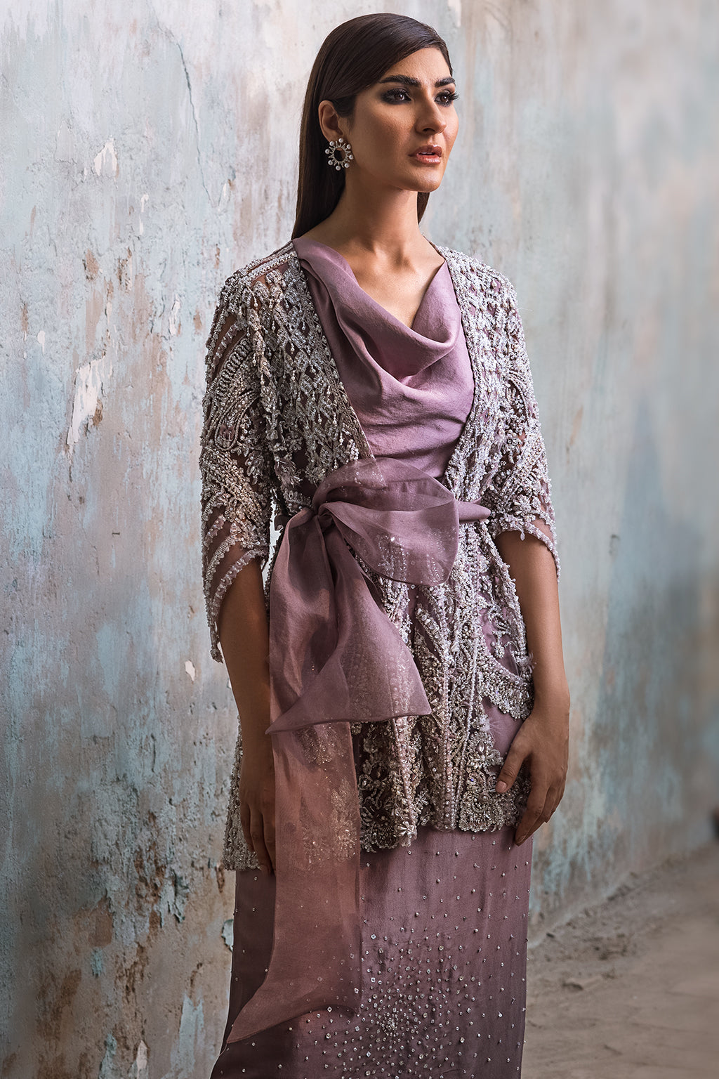 Lilac Embellished Satin-Silk Jacket Gown (1-Pc) - Image 5