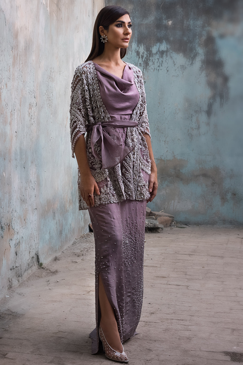 Lilac Embellished Satin-Silk Jacket Gown (1-Pc) - Image 6