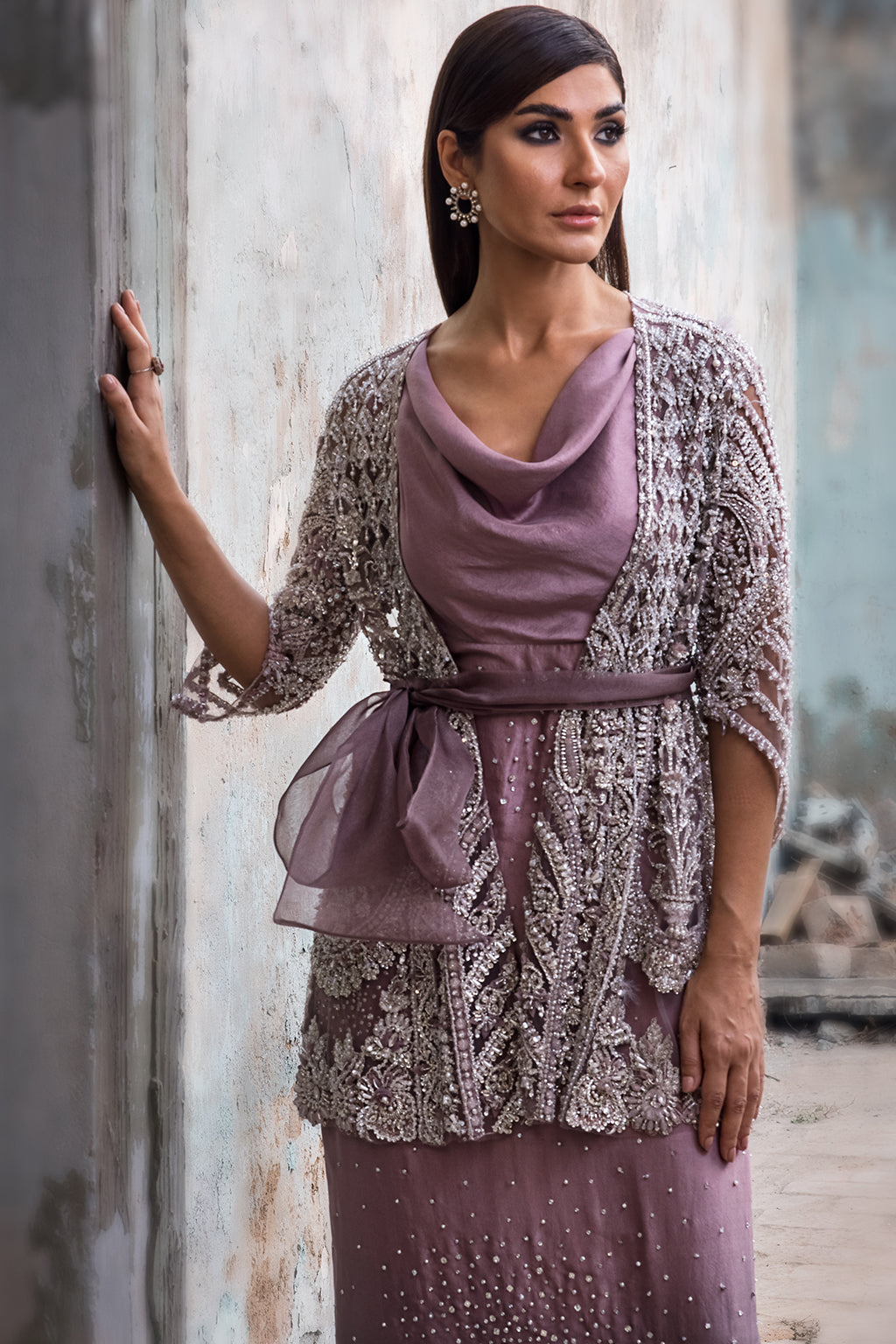 Lilac Embellished Satin-Silk Jacket Gown (1-Pc) - Image 7