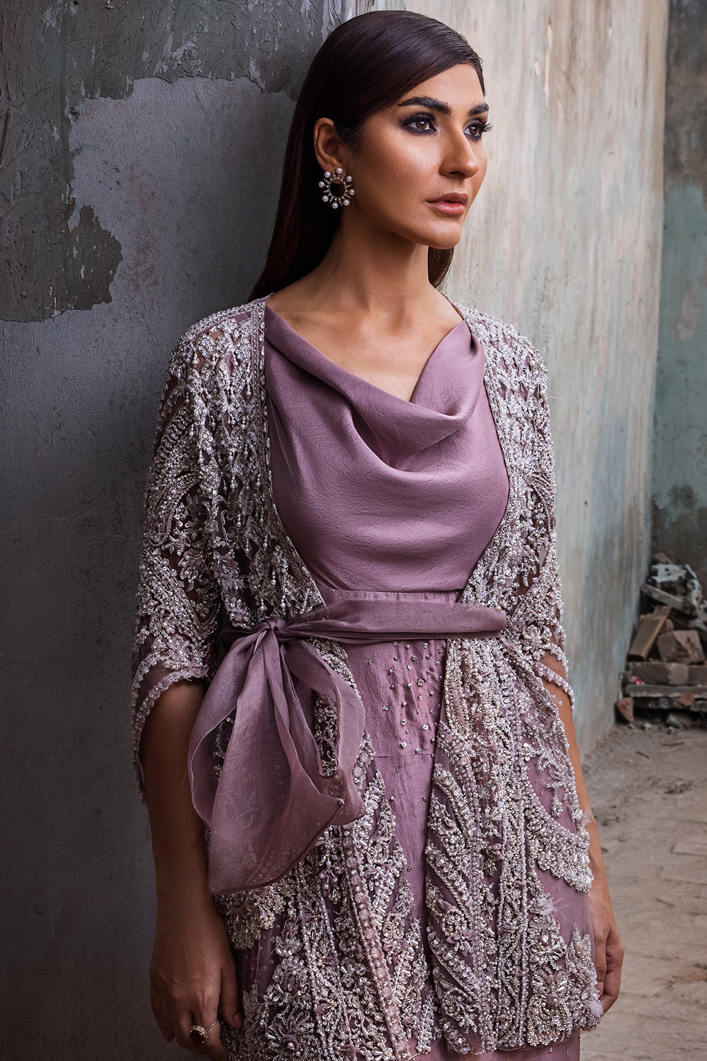 Lilac Embellished Satin-Silk Jacket Gown (1-Pc) - Image 8