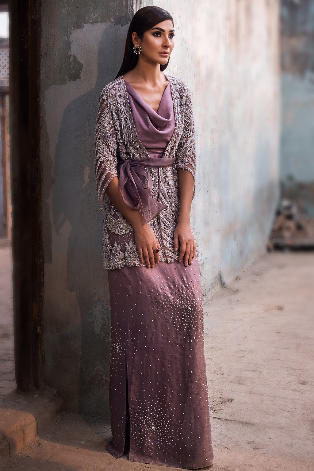 Lilac Embellished Satin-Silk Jacket Gown (1-Pc) - Image 9