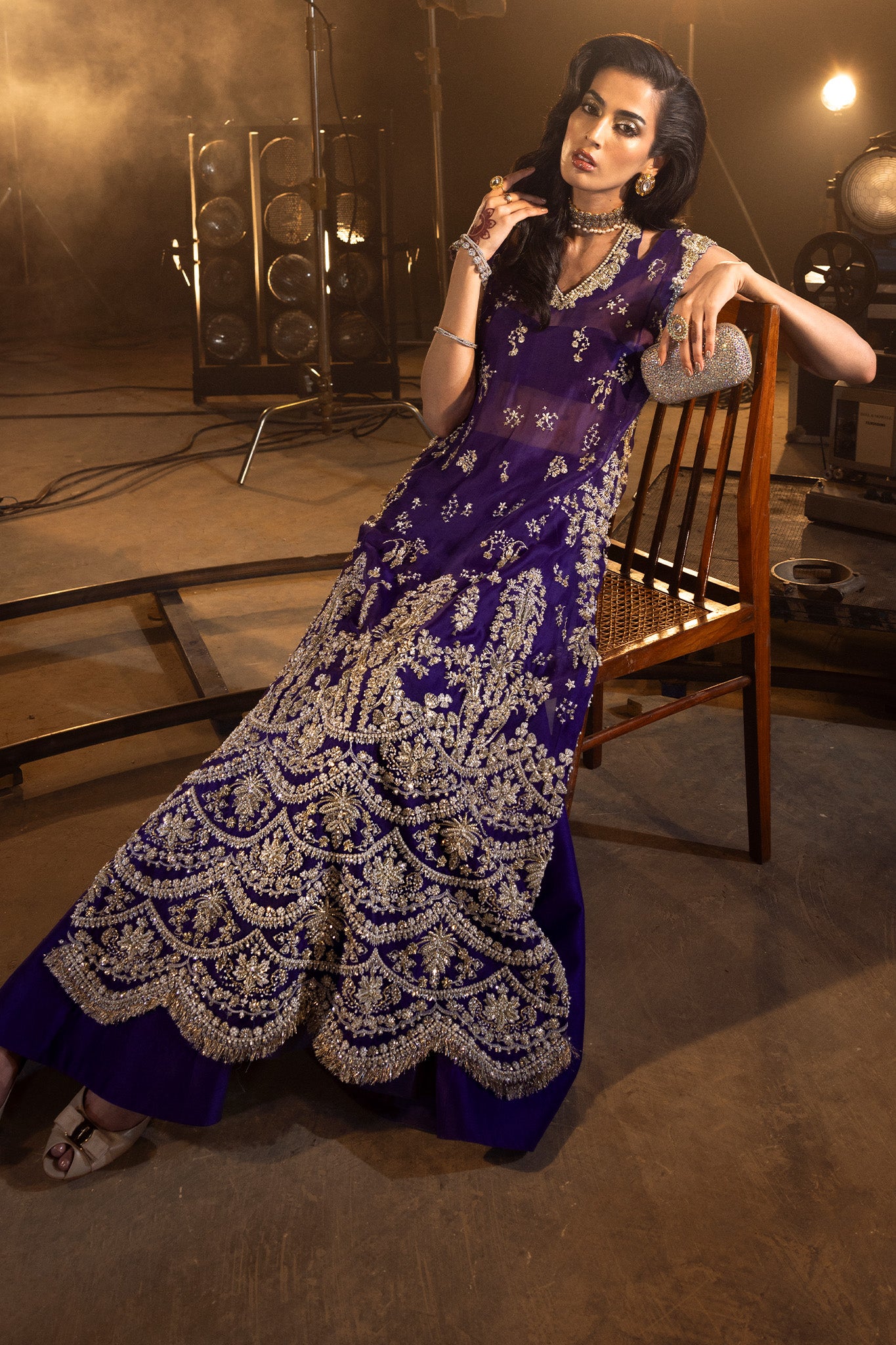 Deep Purple Gold Embroidered Net Silk Gown (2-Piece) - Image 1