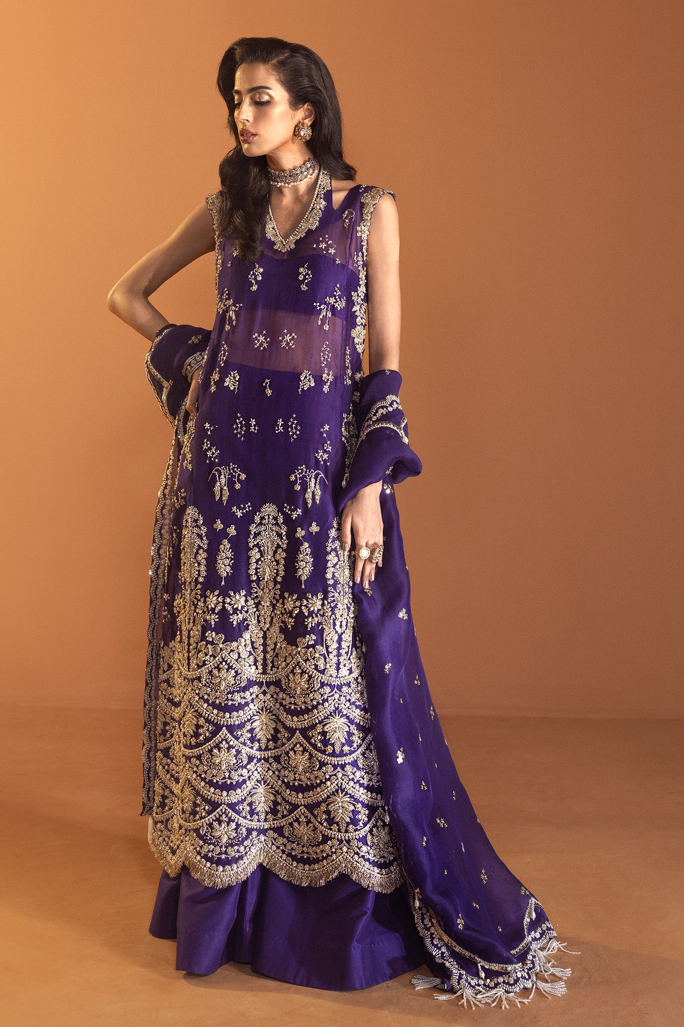 Deep Purple Gold Embroidered Net Silk Gown (2-Piece) - Image 2