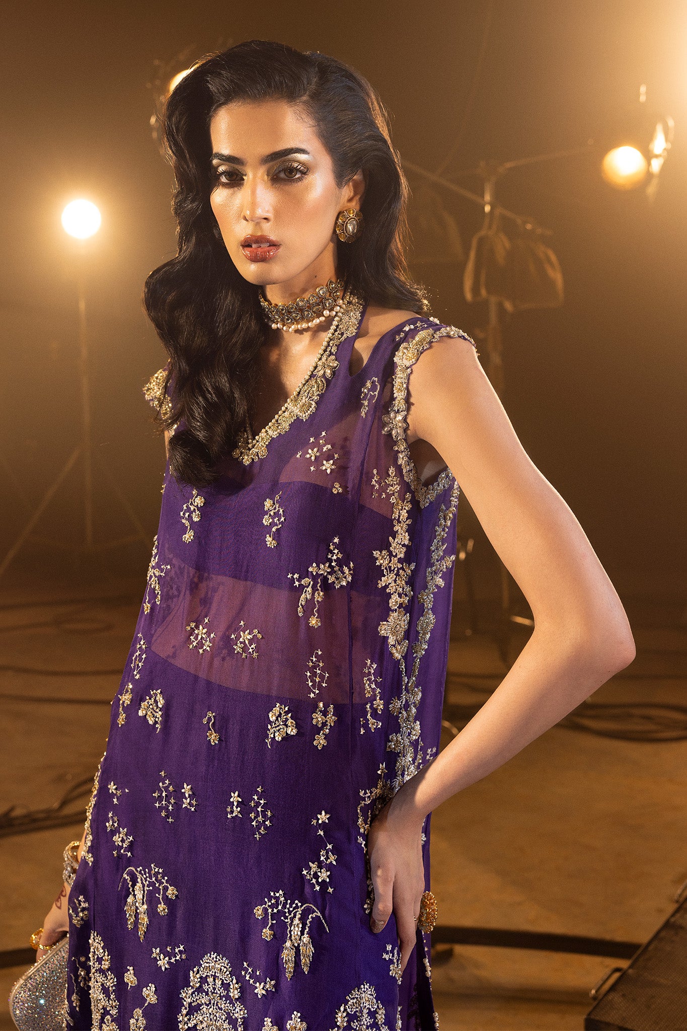 Deep Purple Gold Embroidered Net Silk Gown (2-Piece) - Image 3