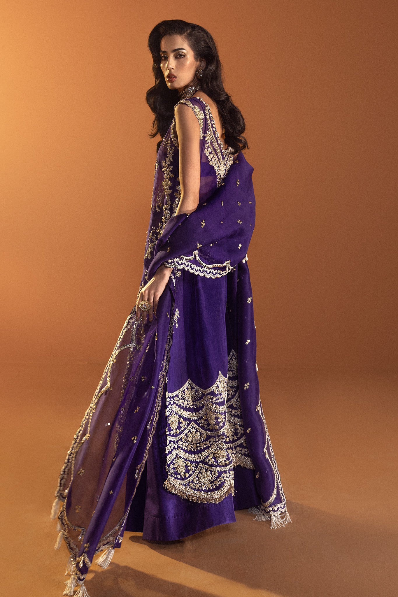 Deep Purple Gold Embroidered Net Silk Gown (2-Piece) - Image 4