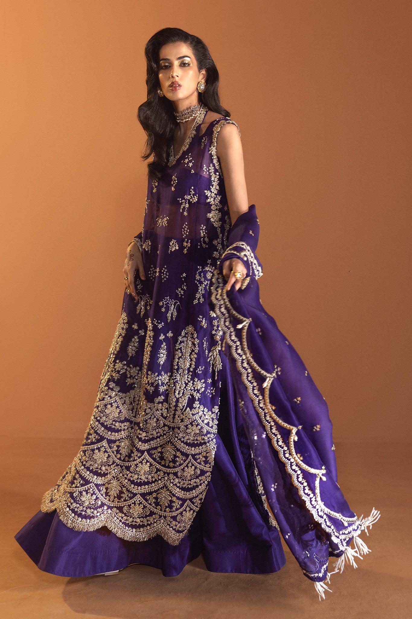 Deep Purple Gold Embroidered Net Silk Gown (2-Piece) - Image 6