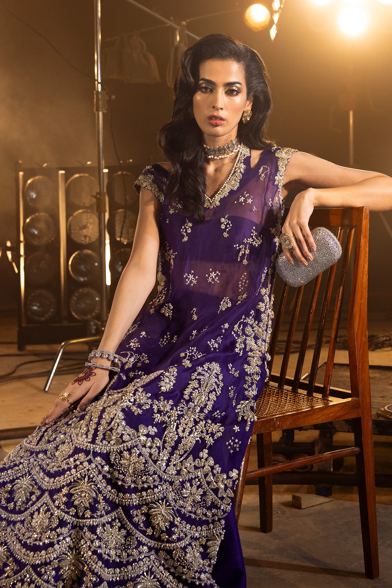 Deep Purple Gold Embroidered Net Silk Gown (2-Piece) - Image 8