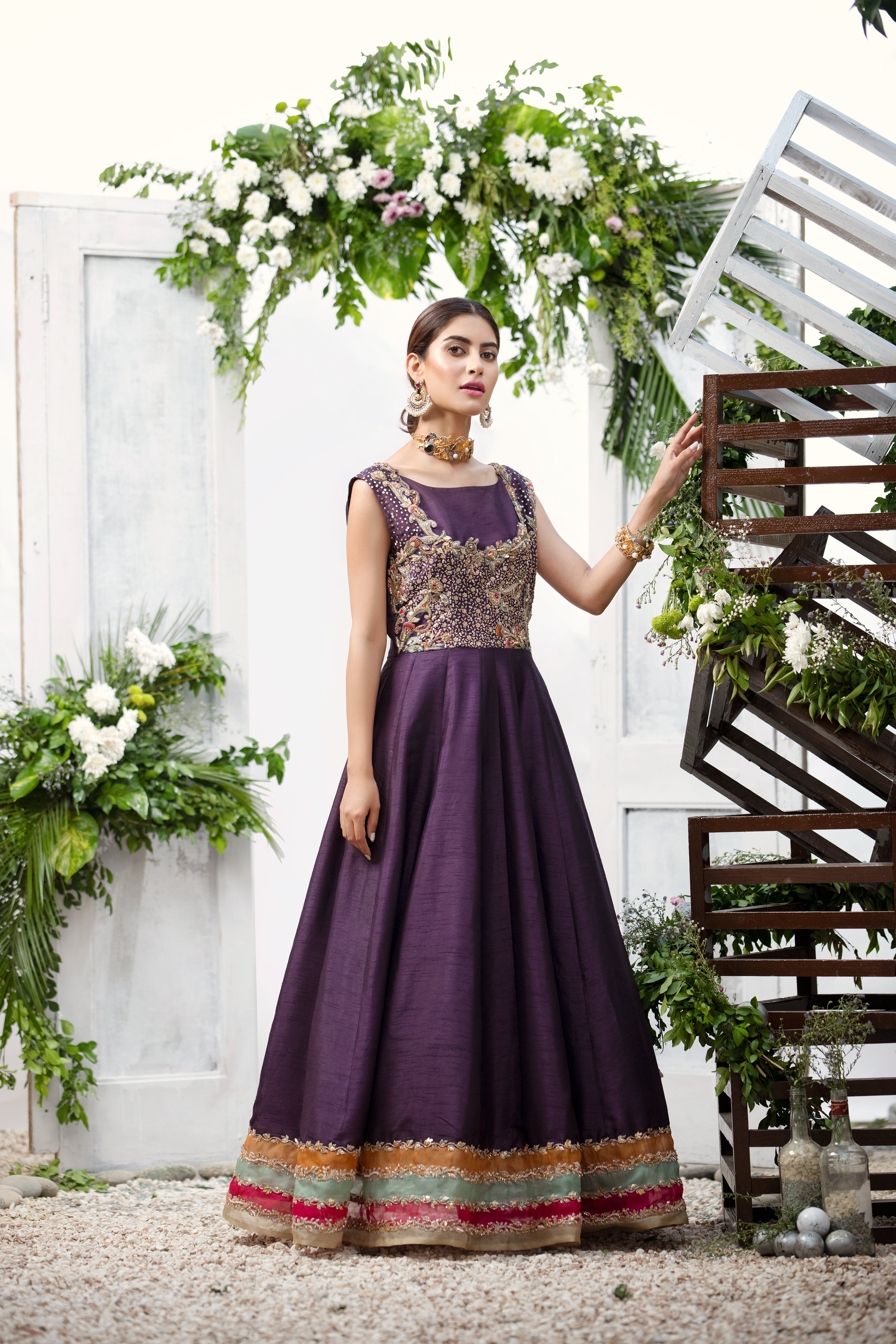 Deep Purple Embroidered Silk Gown (1-Pc) - Image 2