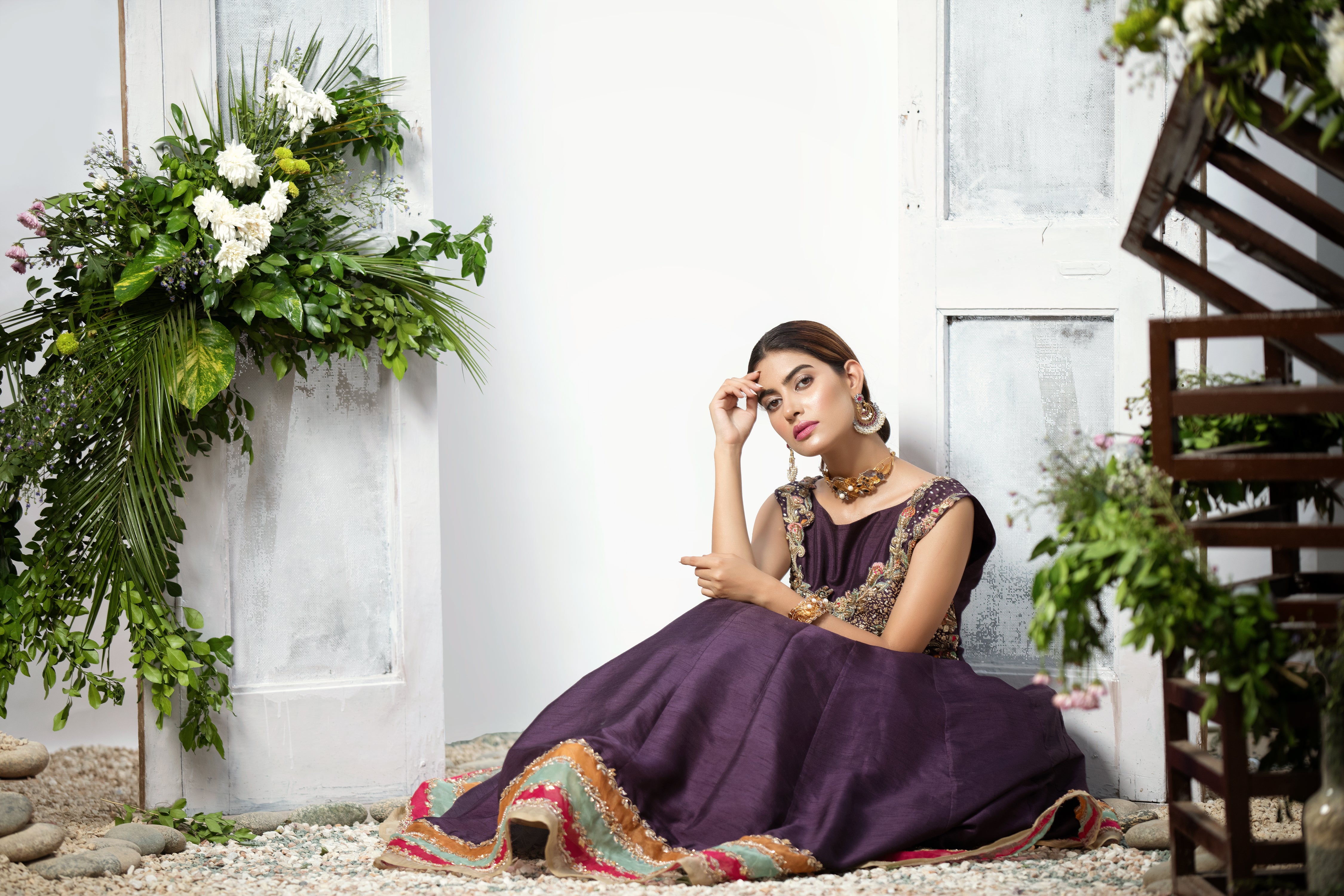 Deep Purple Embroidered Silk Gown (1-Pc) - Image 3