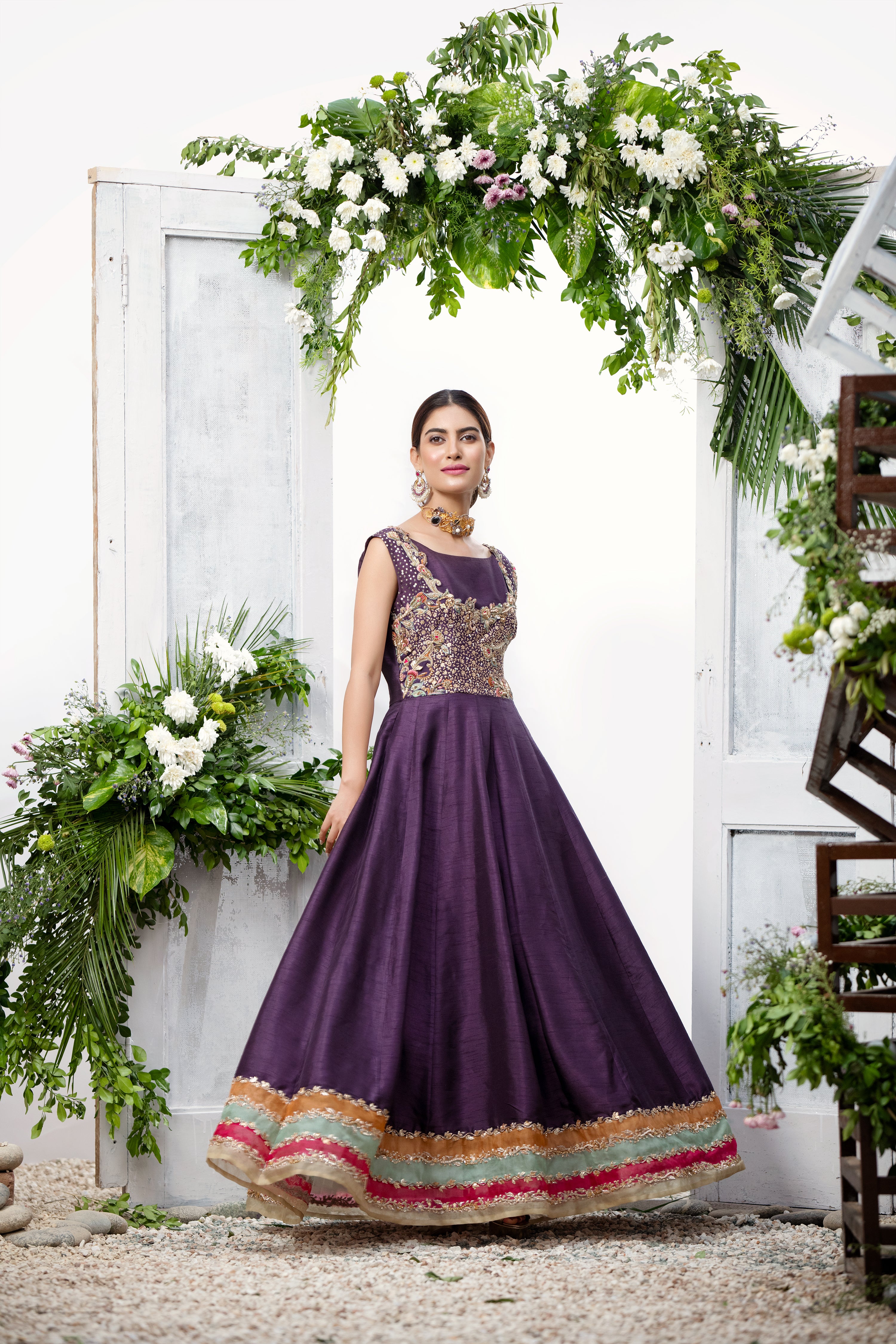 Deep Purple Hand-Embellished Silk Gown (1-Pc) - Image 1