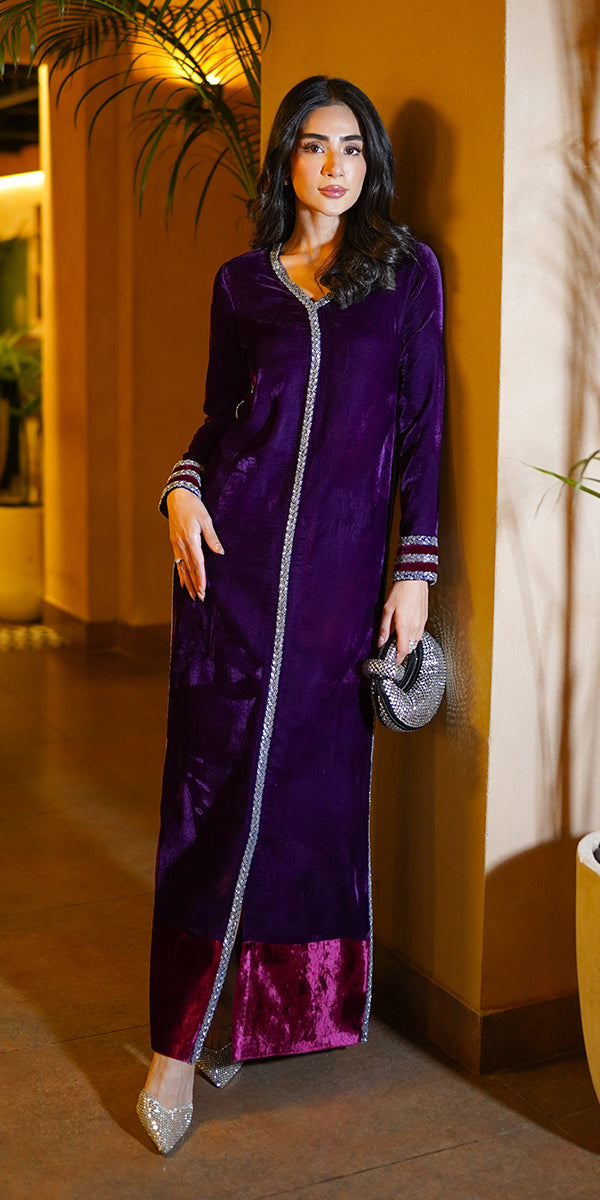 Pakistani Plum Crystal Beaded Velvet Gown (1-Pc) - Image 2