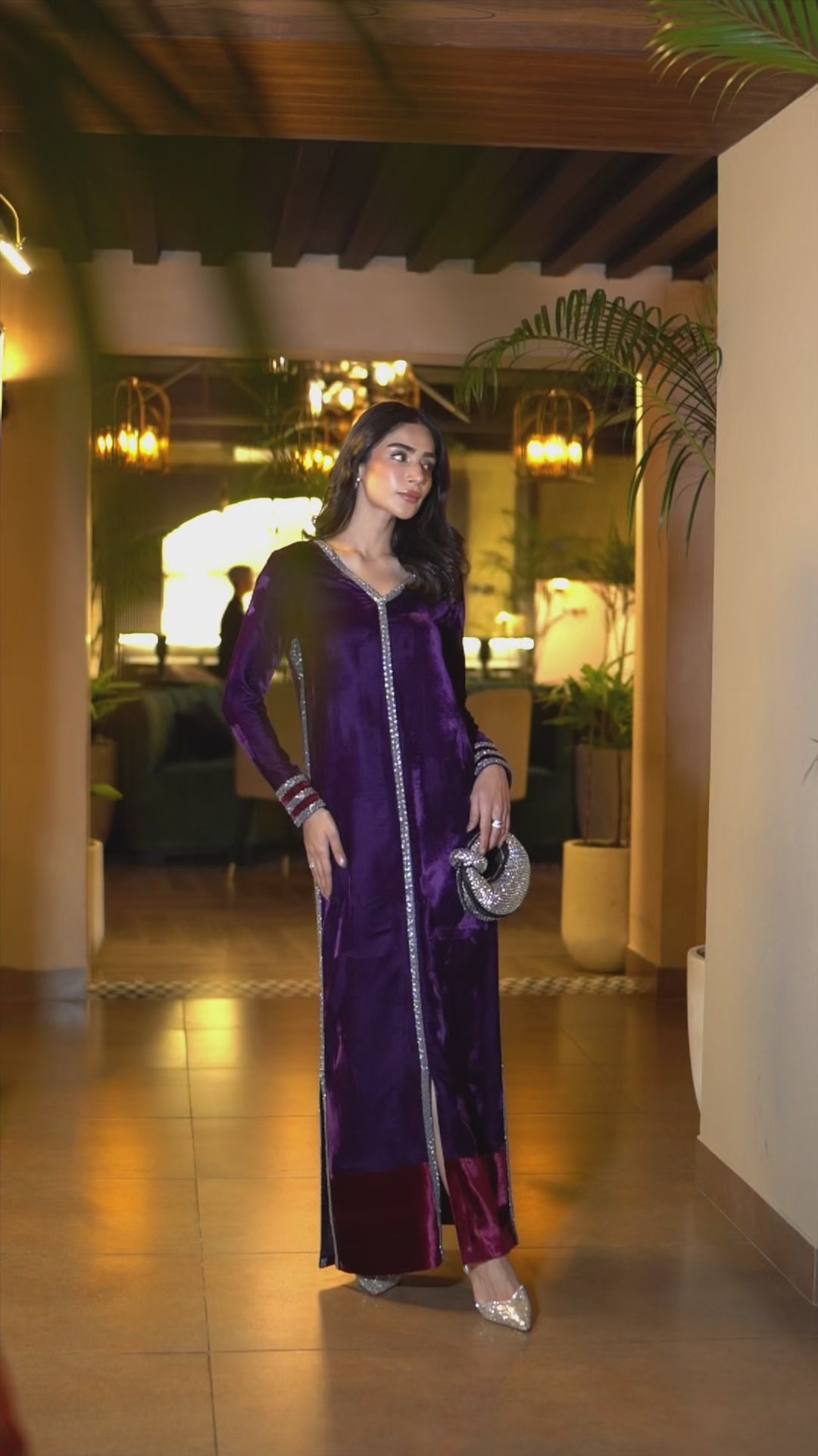 Pakistani Plum Crystal Beaded Velvet Gown (1-Pc) - Image 5