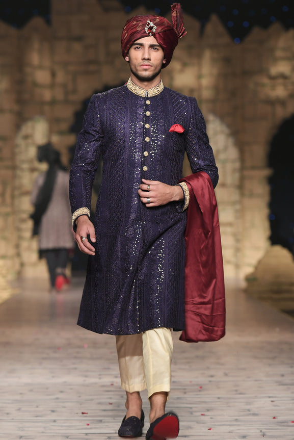 Deep Purple Embroidered Silk-Blend Sherwani (3-Piece) - Image 2