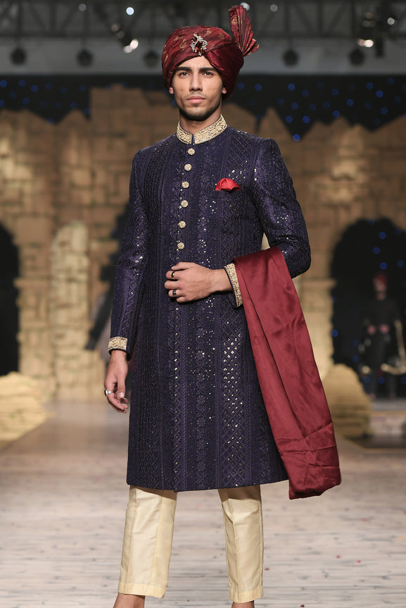 Deep Purple Embroidered Silk-Blend Sherwani (3-Piece) - Image 3