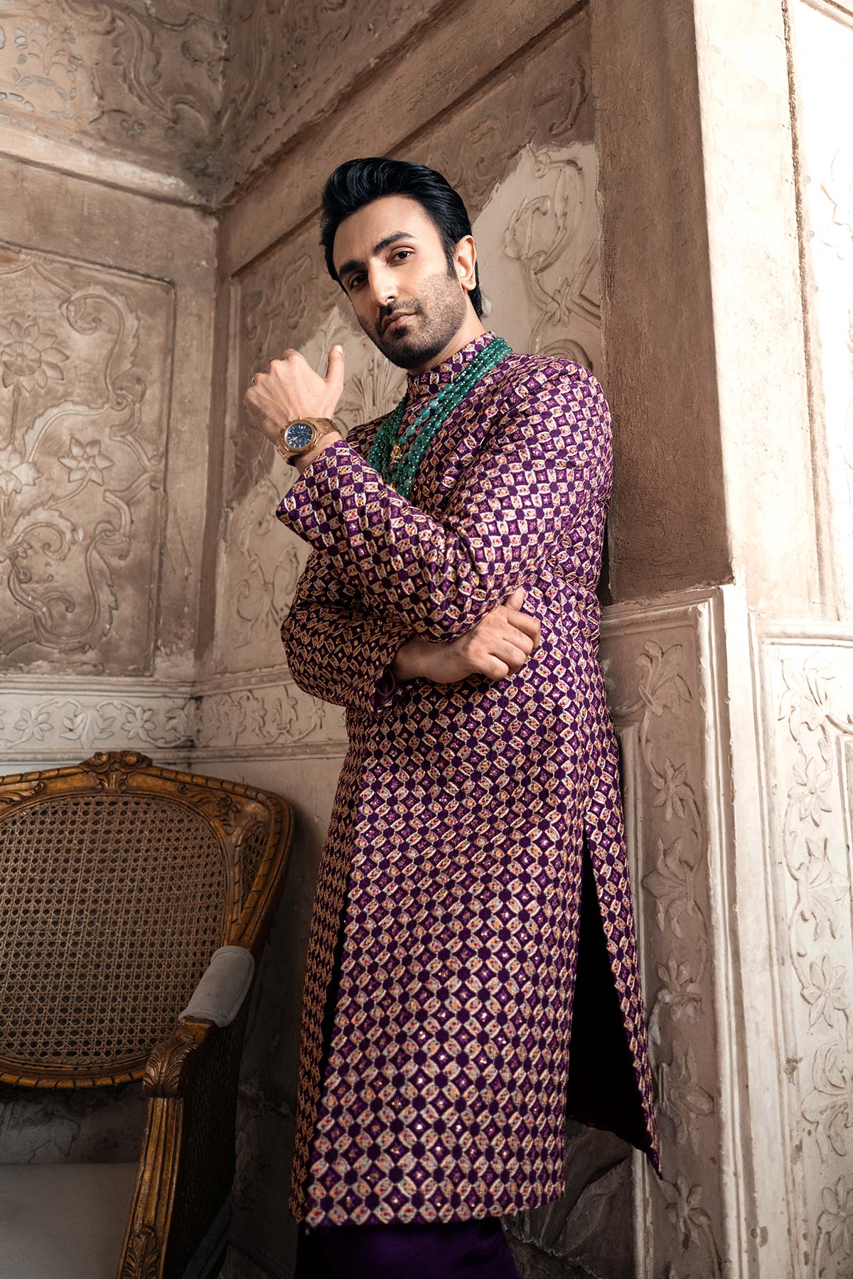 Plum Resham & Gold Embroidered Silk Sherwani (2-Piece) - Image 2