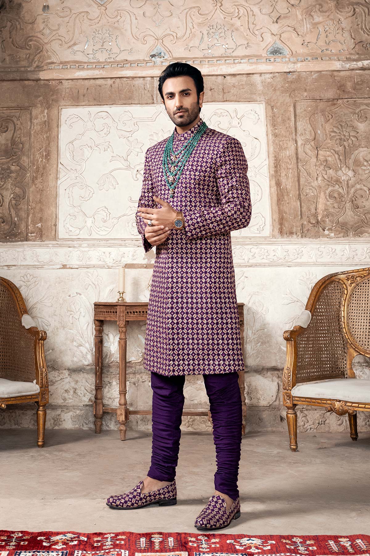 Plum Resham Embroidered Silk Sherwani (2-Piece) - Image 1