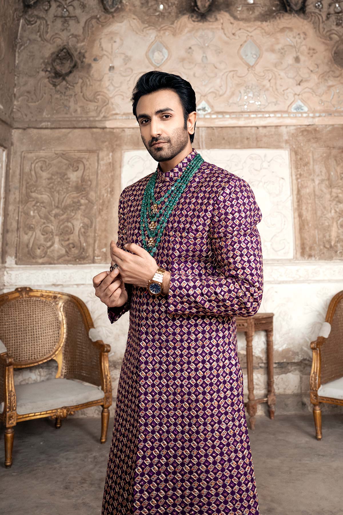 Plum Resham Embroidered Silk Sherwani (2-Piece) - Image 3