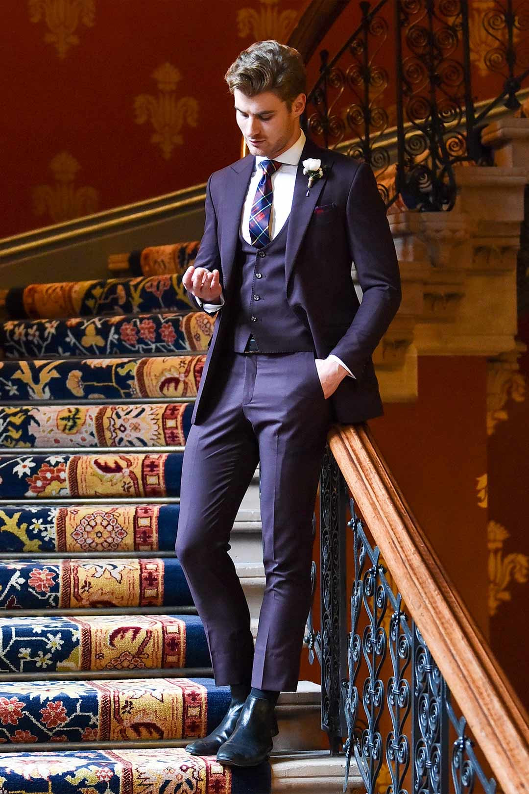 Deep Purple Hand-Stitched Terry Rayon 3-Piece Suit - Image 2