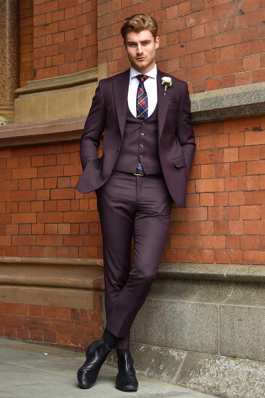 Deep Purple Hand-Stitched Terry Rayon 3-Piece Suit - Image 4