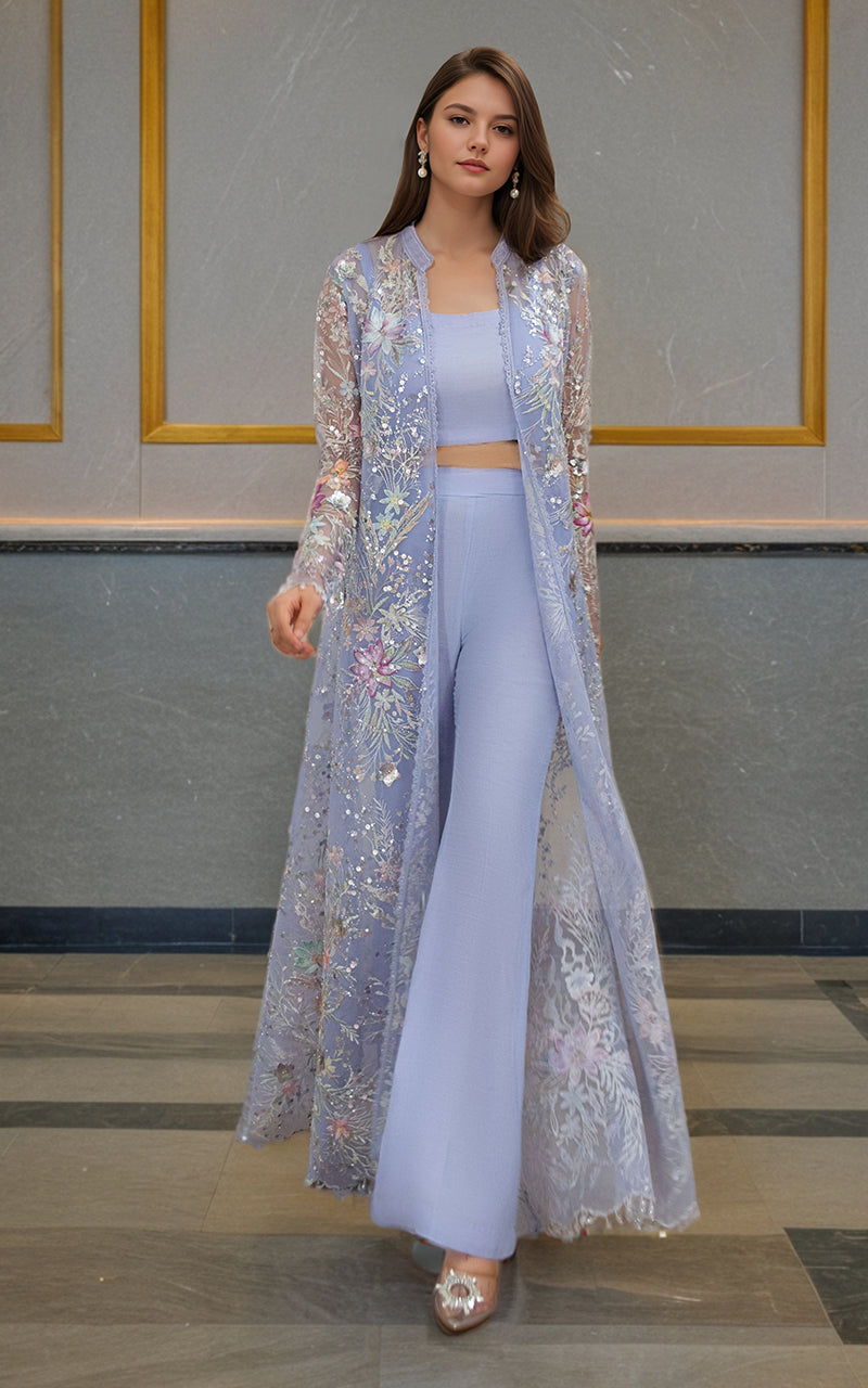 Soft Lilac Embroidered Net Long Jacket (3-Piece) - Image 1