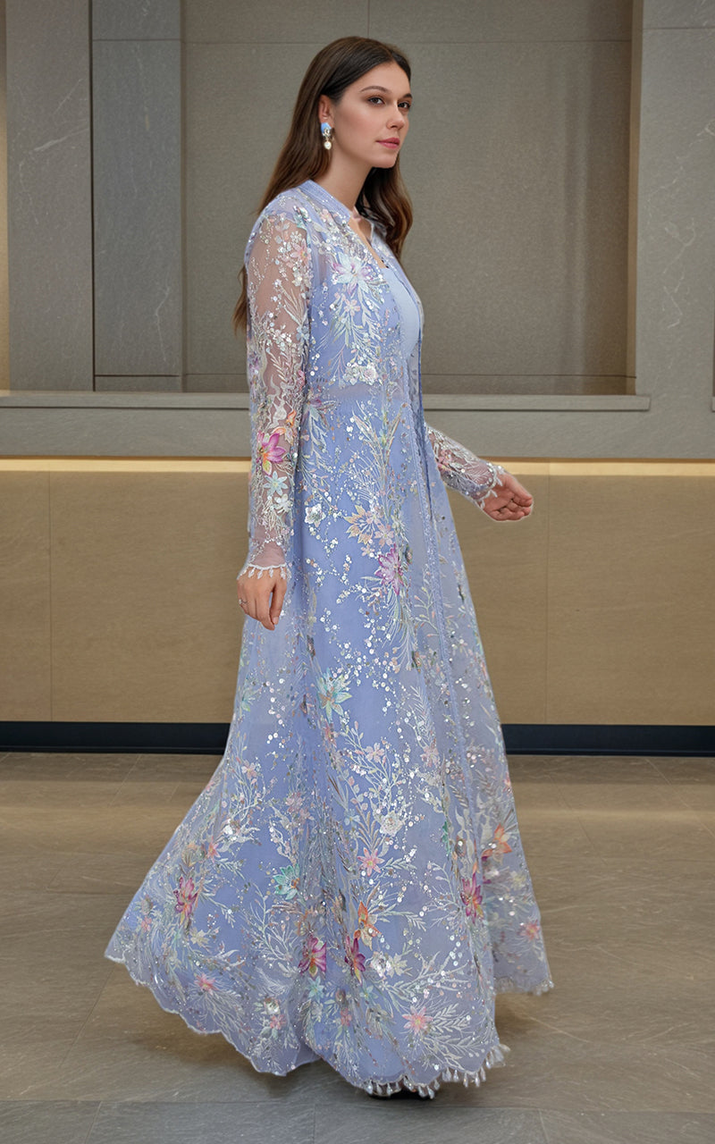 Soft Lilac Embroidered Net Long Jacket (3-Piece) - Image 2