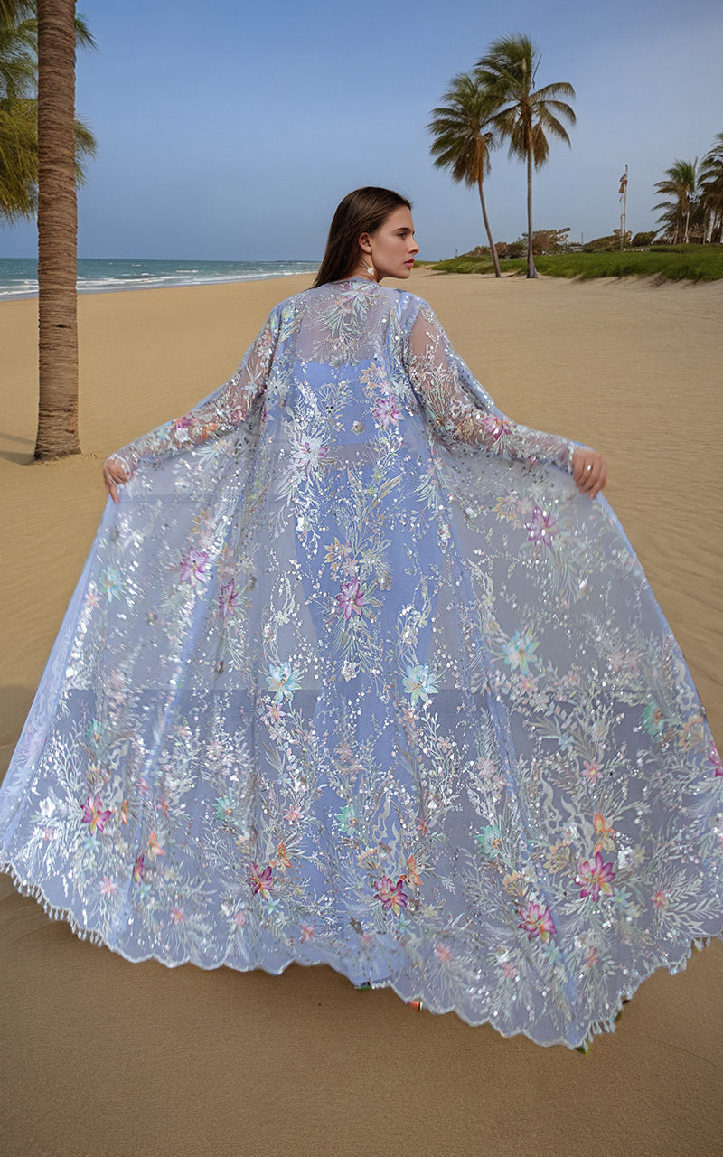 Soft Lilac Embroidered Net Long Jacket (3-Piece) - Image 3