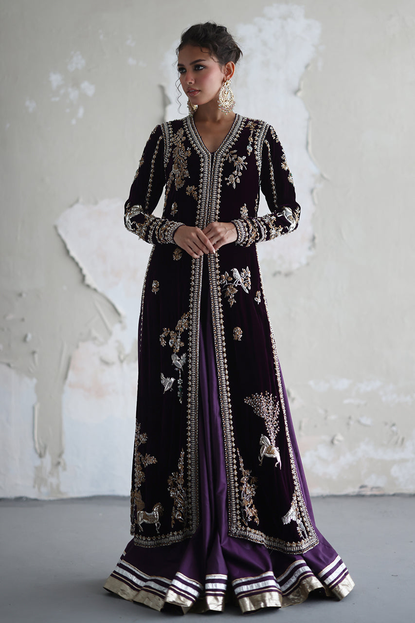 Pakistani Deep Purple Hand Embroidered Velvet Jacket Set (3-Piece) - Image 1