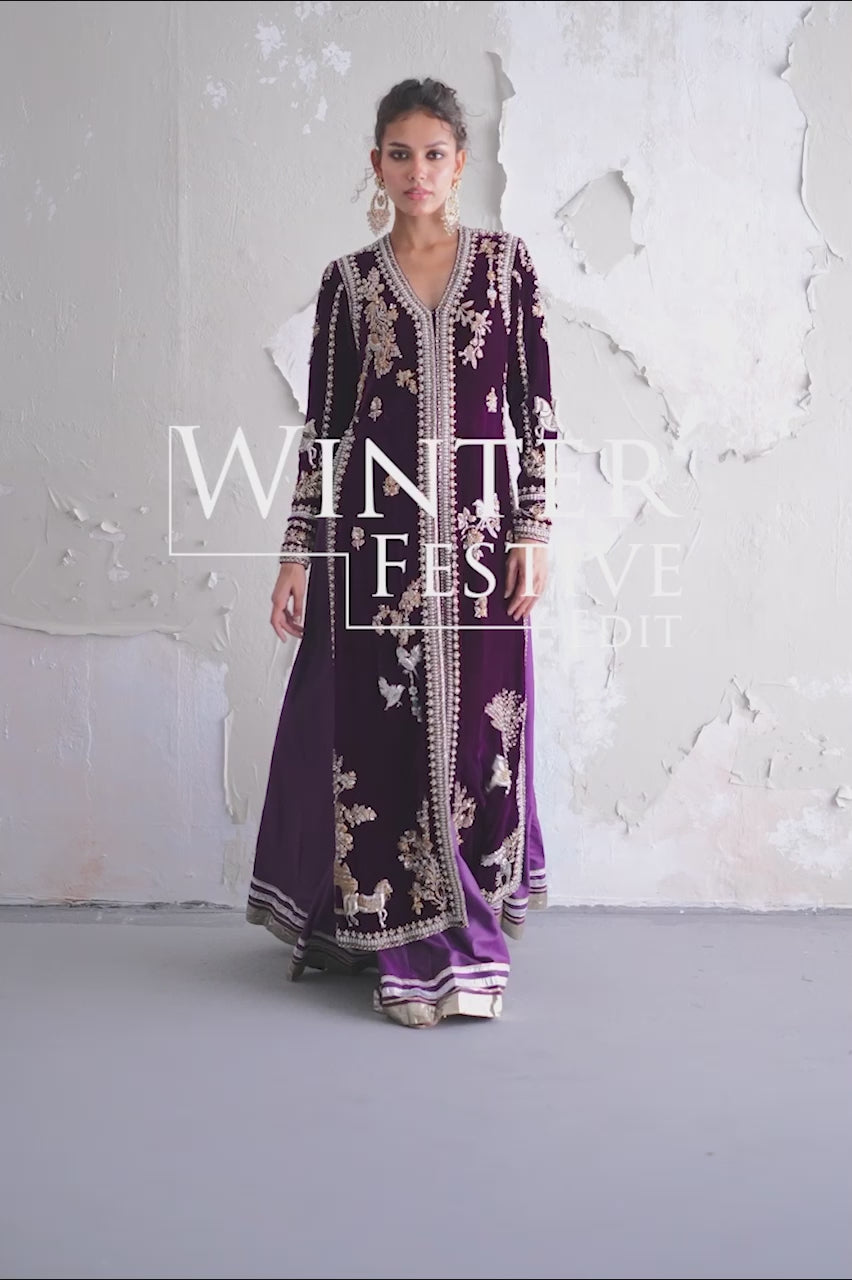 Pakistani Deep Purple Hand Embroidered Velvet Jacket Set (3-Piece) - Image 10