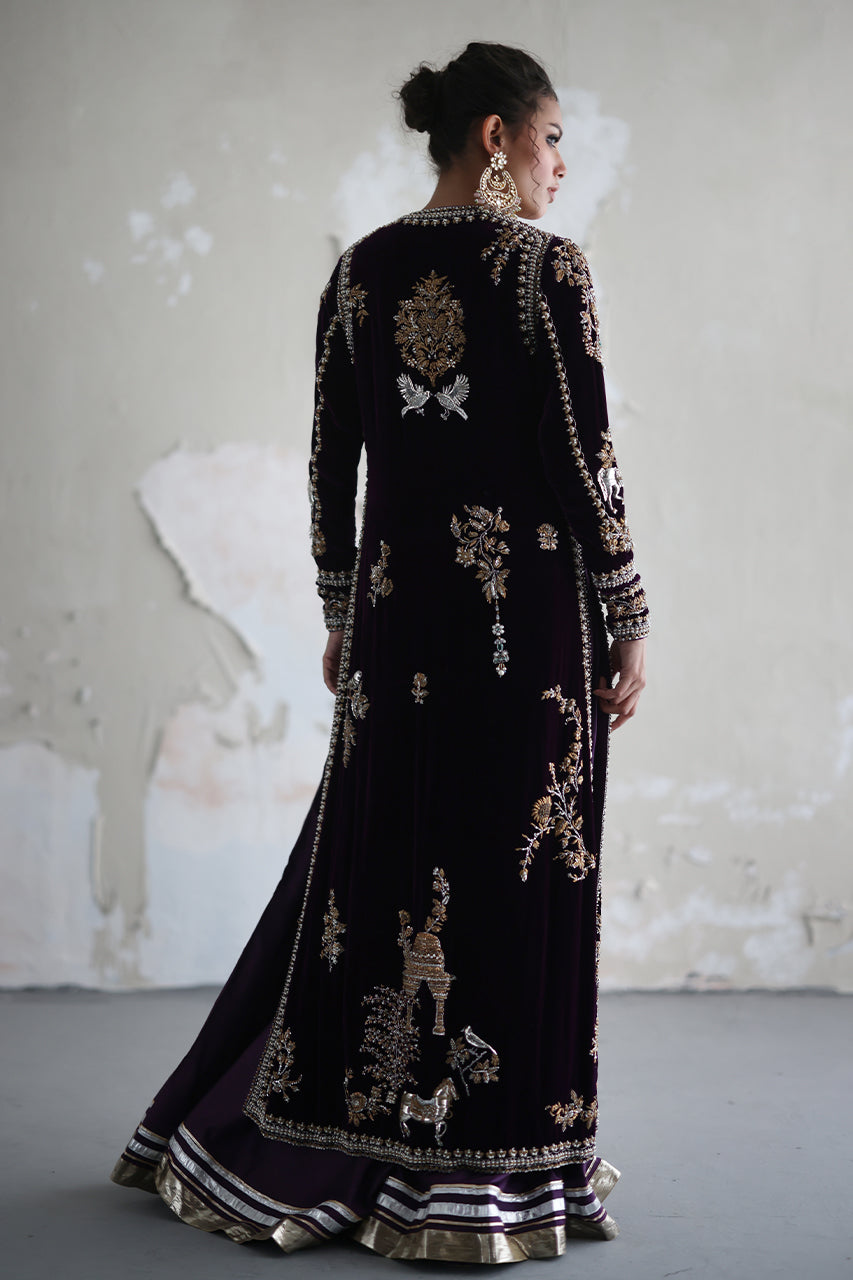 Pakistani Deep Purple Hand Embroidered Velvet Jacket Set (3-Piece) - Image 2