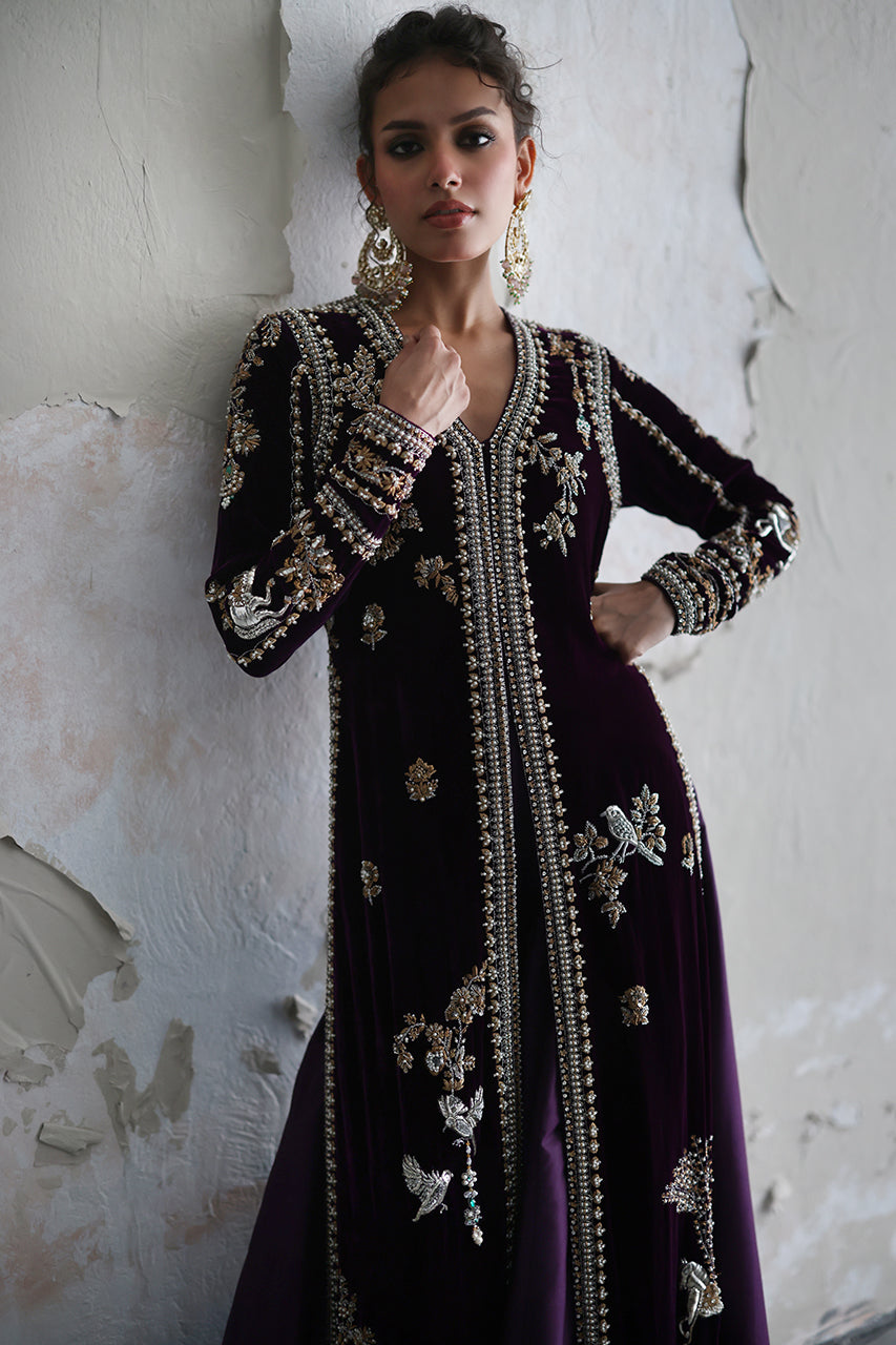 Pakistani Deep Purple Hand Embroidered Velvet Jacket Set (3-Piece) - Image 3
