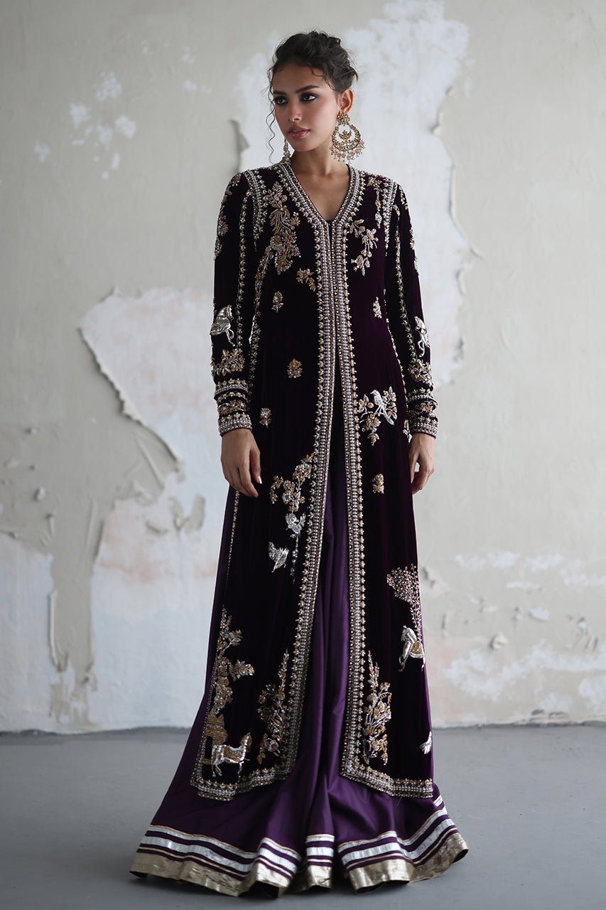 Pakistani Deep Purple Hand Embroidered Velvet Jacket Set (3-Piece) - Image 4