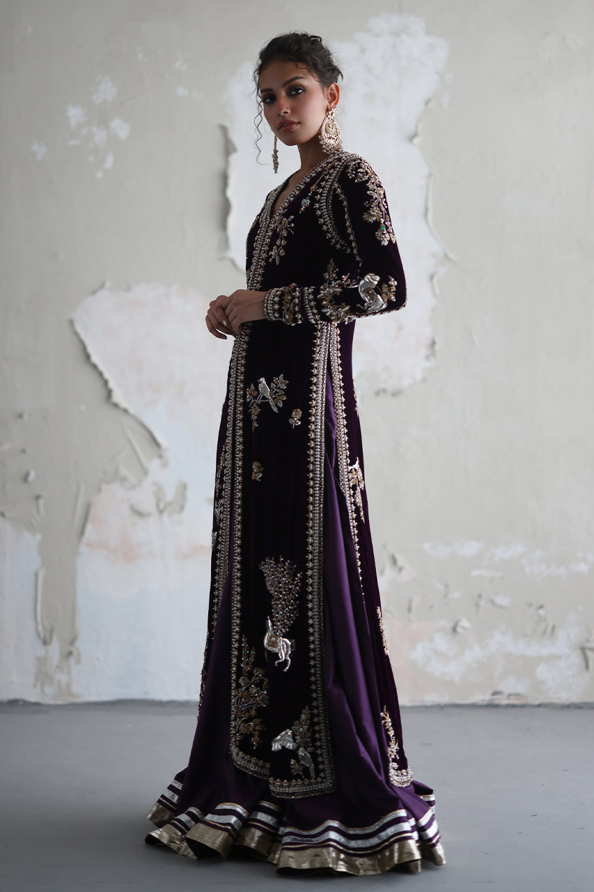 Pakistani Deep Purple Hand Embroidered Velvet Jacket Set (3-Piece) - Image 5