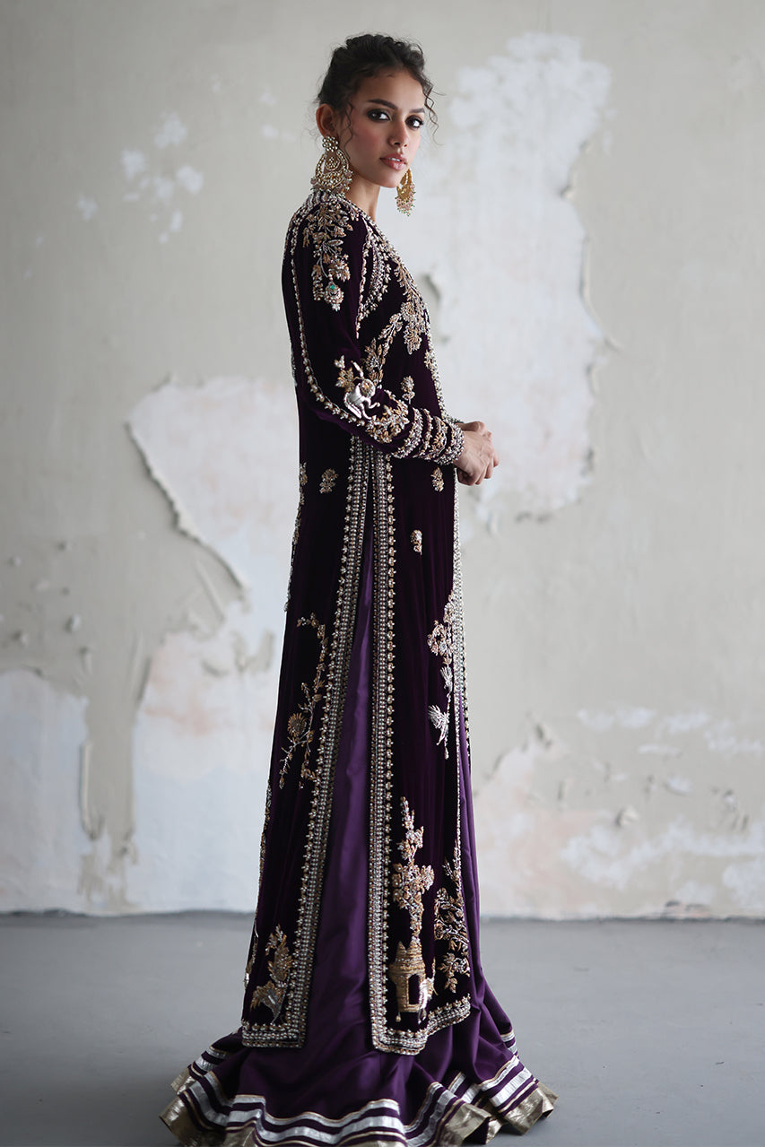 Pakistani Deep Purple Hand Embroidered Velvet Jacket Set (3-Piece) - Image 6