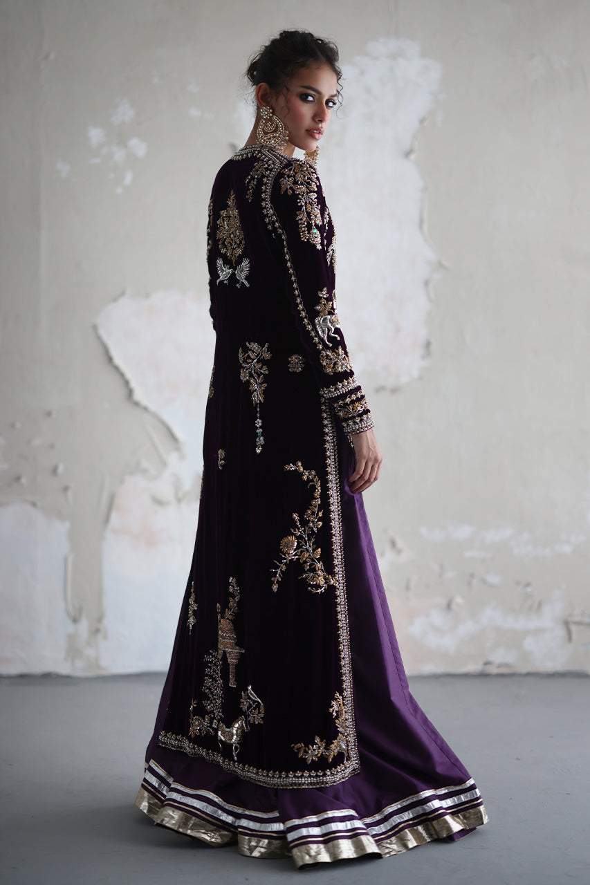 Pakistani Deep Purple Hand Embroidered Velvet Jacket Set (3-Piece) - Image 7